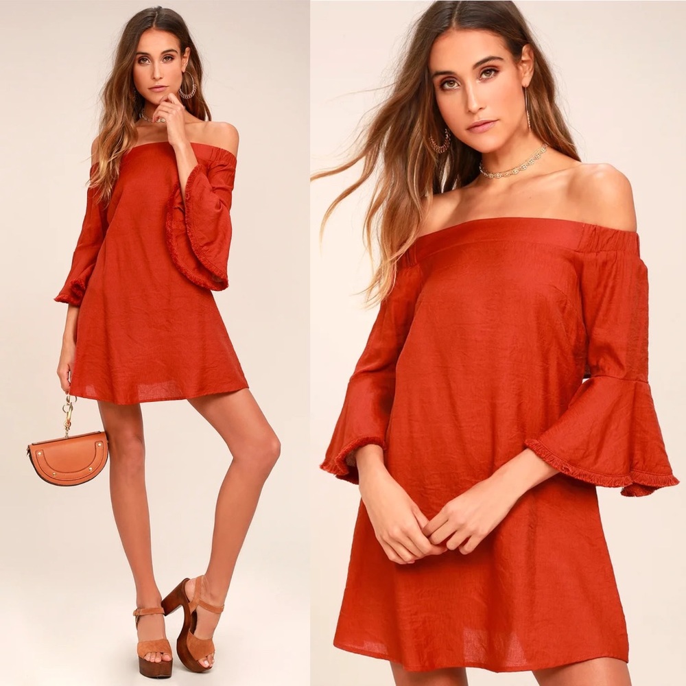 Lulus | Day Out Rust Orange Off-the-Shoulder Shift Dress